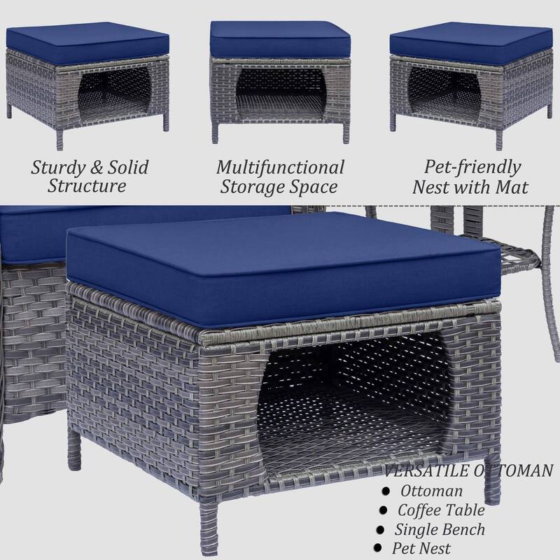 5 Piece Outdoor Wicker Patio Conversation Chair with Ottoman Set