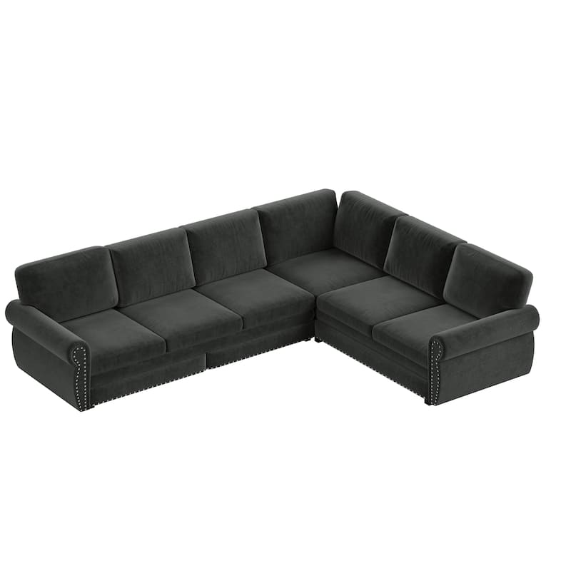 L-Shaped Sofa Couch with Pull-Out Bed, Convertible Sleeper Sofa with Nailhead Trim & Rolled Arms, Chenille Upholstered Couch