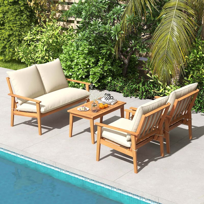 4 PCS Patio Furniture Set Outdoor Acacia Wood Conversation Set