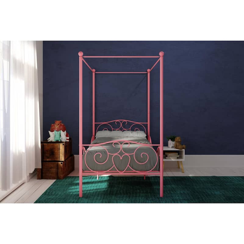 Whimsical Heart-Design Canopy Metal Bed with Slat Support System