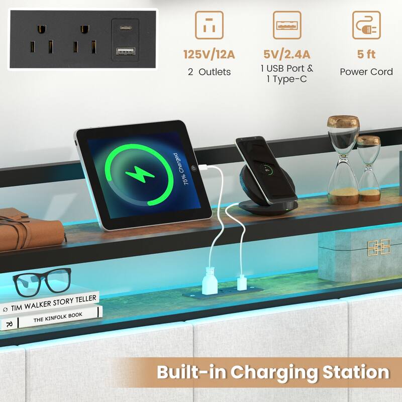 Bed Frame with LED Lights Charging Ports and Storage Headboard