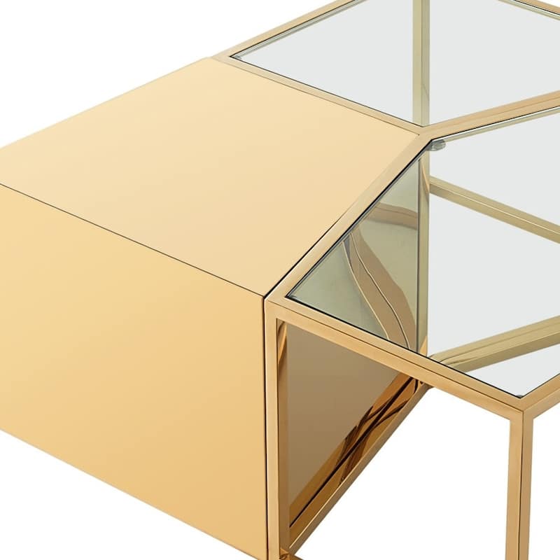 HomeRoots Set of Three 37" Clear And Gold Glass And Stainless Steel Square Mirrored Bunching Coffee Tables - 37.4