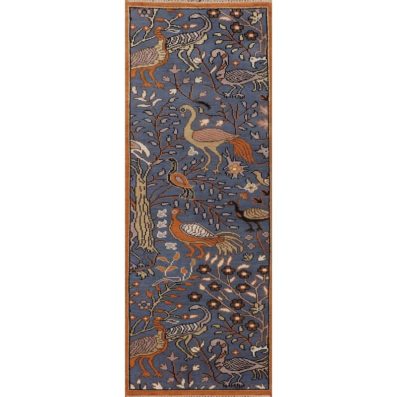 Animals Blue Ziegler Indian Runner Rug Hand-Knotted Wool Carpet - 2'6"x 7'10"