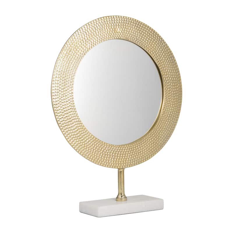 Sagebrook Home Metallic Metal Round Hammered Mirror On Stand Decor - 16" x 4" x 21" - Gold