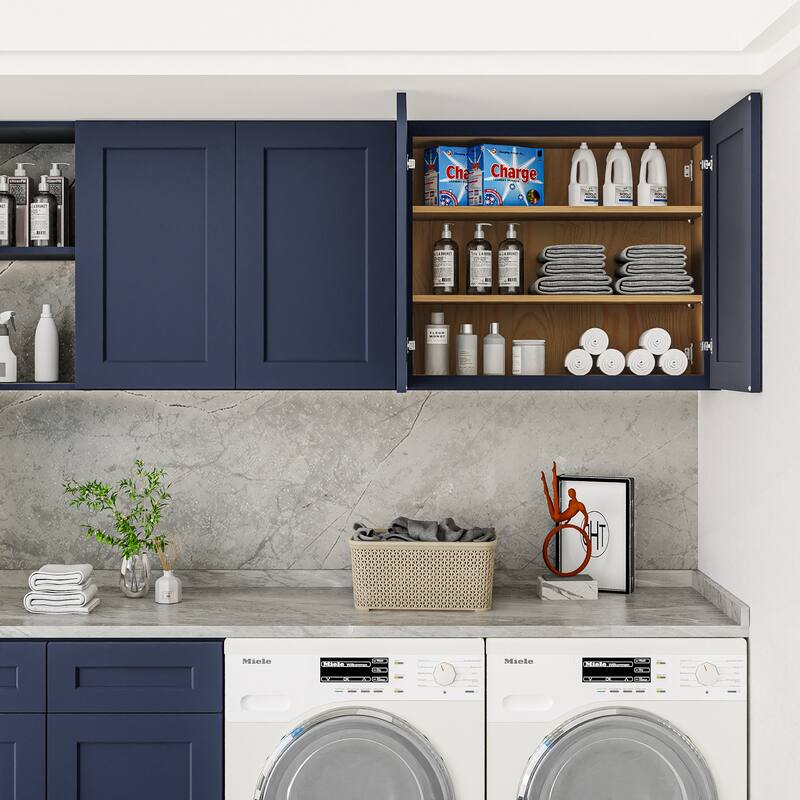 Navy Blue Shaker 36" Solid Wood Wall Cabinet, Soft Close Hinges, Adjustable Shelves, Double Door for Kitchen