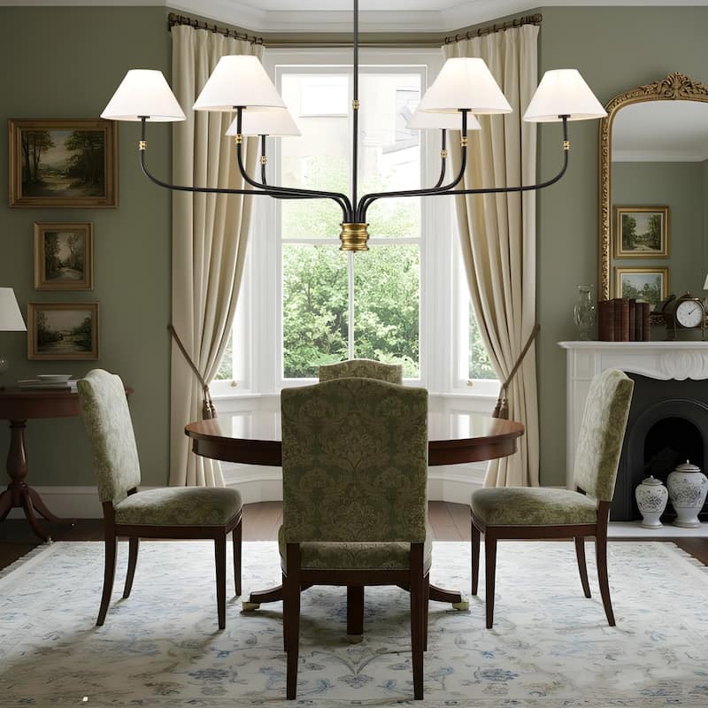 6-Light White Fabric Shade Chandelier- Black with Brushed Brass Accent