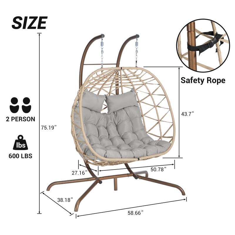 Double Rattan Egg Chair with Stand and UV-Resistant Cushions and Iron Frame - Outdoor Hanging Swing (600lb Capacity)