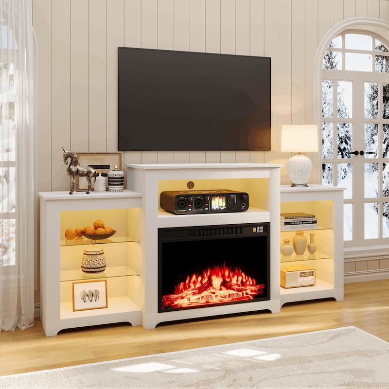 32" H Fireplace TV Stand, 55/70 Inch Media Console for TVs up to 80", Remote, Storage & LED Lights