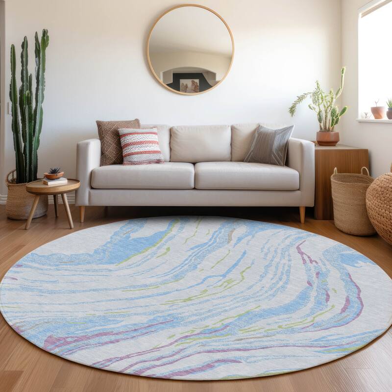 Machine Washable Indoor/ Outdoor Modern Wave Chantille Rug - Sky - 8' x 8'