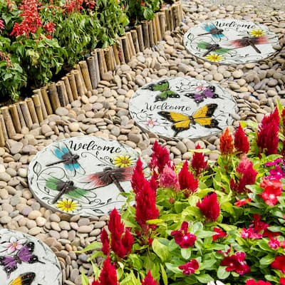 Glitzhome Set of 2 Cement Welcome Stepping Stones with Butterflies & Dragonflies - 9.75 in