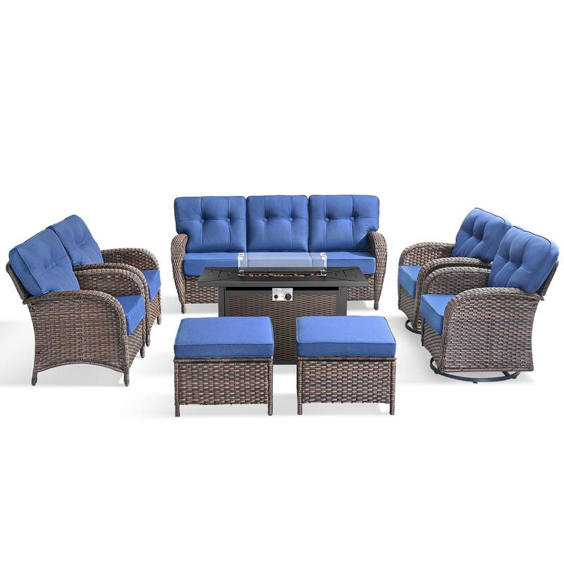 Pocassy Outdoor 43 In Fire Table with Sofa Swivel Patio Chair Set