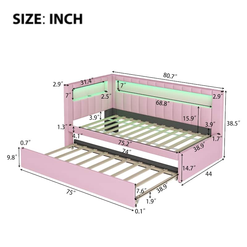 Twin Size Linen Platform Bed with LED Lighting and USB Ports and Includes Hidden Trundle (250lbs Capacity)