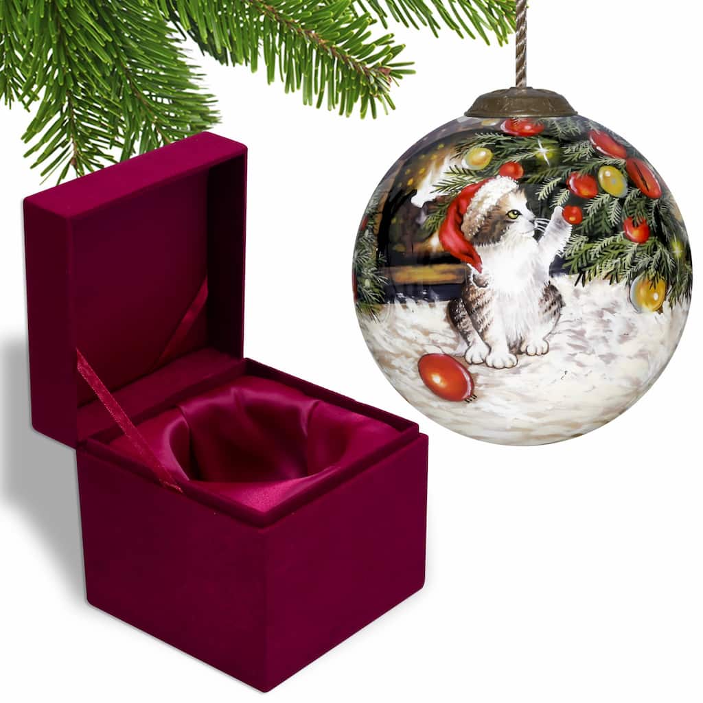 Kitten under the Christmas Tree Hand Painted Mouth Blown Glass Ornament - 3" x 3" x 3"