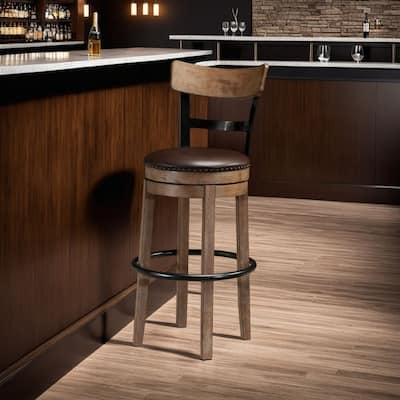 Pine Swivel Barstool Chair, 31 Inch, Industrial Brown Faux Leather