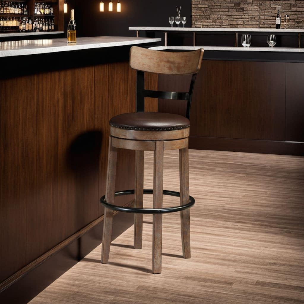 Pine Swivel Barstool Chair, 31 Inch, Industrial Brown Faux Leather