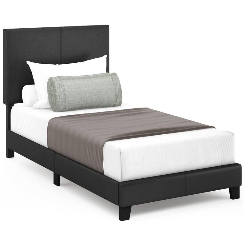 King Bed Frame Upholstered Black PU Leather Platform Bed Modern Glam Style