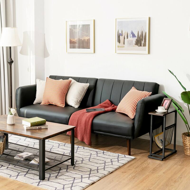 Gymax Convertible Futon Sofa Bed PU Adjustable Couch Sleeper w/Wood