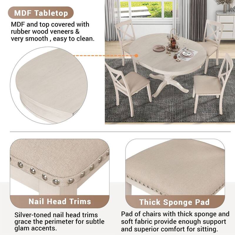 Wooden Round Drop Leaf Extendable Dining Table Set with 4 Upholstered Chairs