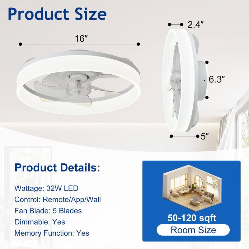 Ceiling Fan with Light: Low Profile, App Remote Control, 6-Speed, 3 CCT, Quiet DC Motor, Dimmable LED, 20" /16"