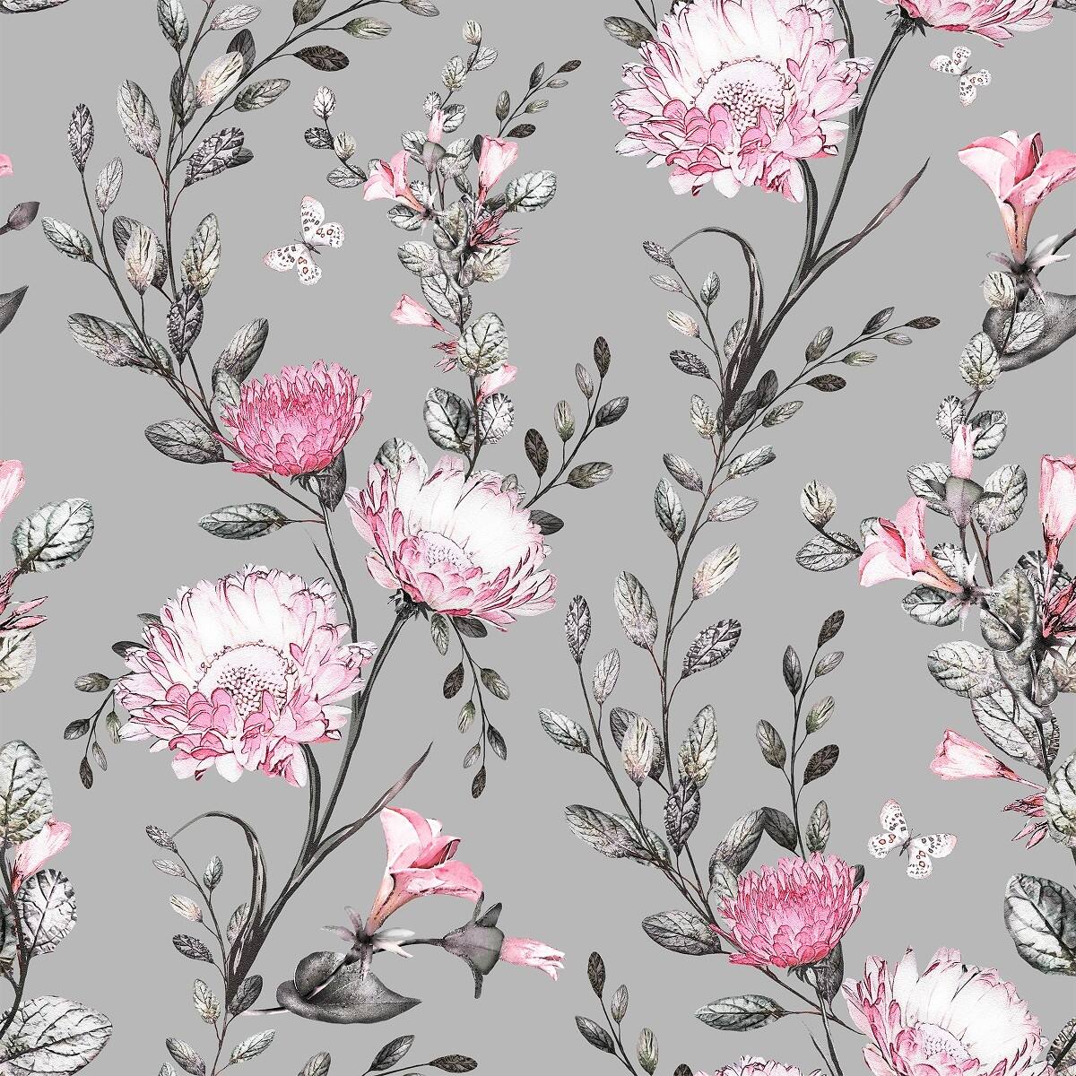Grey Wallpaper with Pink Flowers Peel and Stick and Prepasted Bed