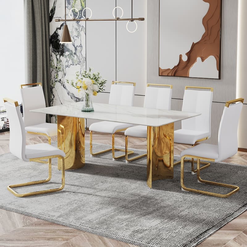 Roomfitters Dining Table with White Marble Glass Top and Gold Metal Legs for Kitchen or Living Room Use, White