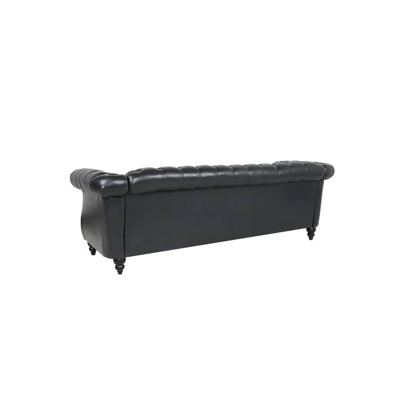 84" PU Leather 3-Seat Sofa with Silver Studs Trim, Button Tufted Back & Arms and Comfortable Cushion for Living Room