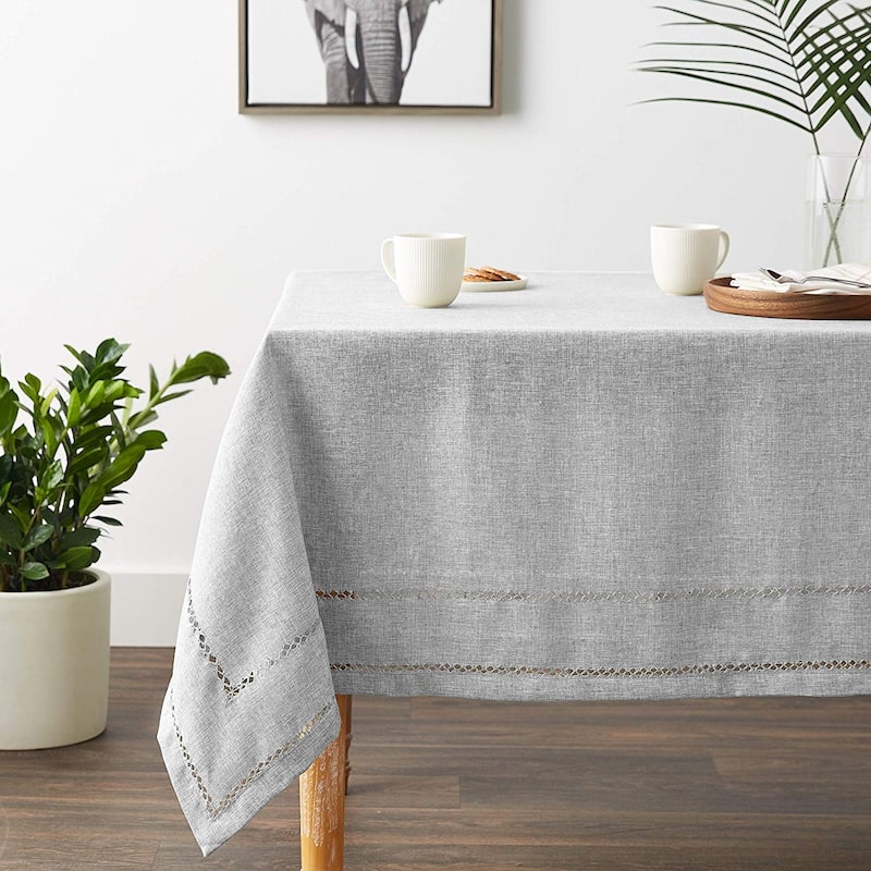 Violet Linen Hem Stitch Border Vintage Pattern Tablecloth - 68" X 108" - Grey