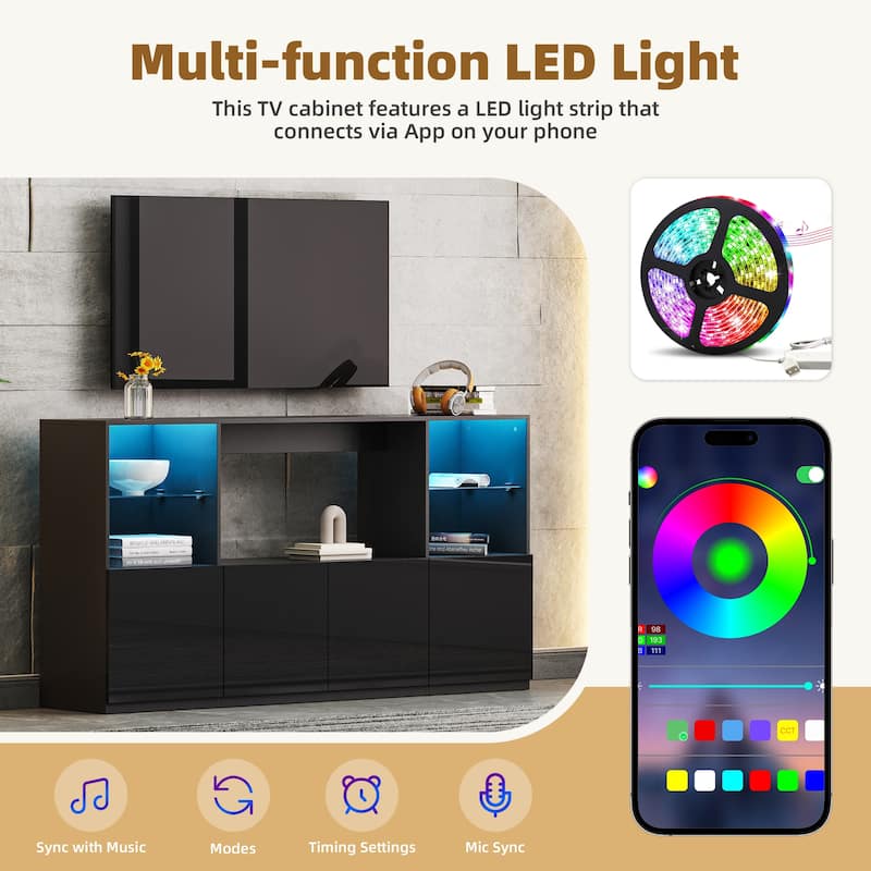 Modern High Gloss TV Stand with LED Lights, Tempered Glass Shelves for TVs up to 75", Living Room Centerpiece
