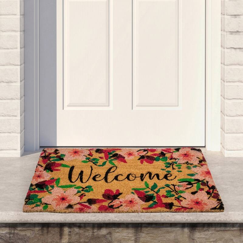 Natural Coir Blossoming Floral Outdoor Rectangular "Welcome" Doormat - 30