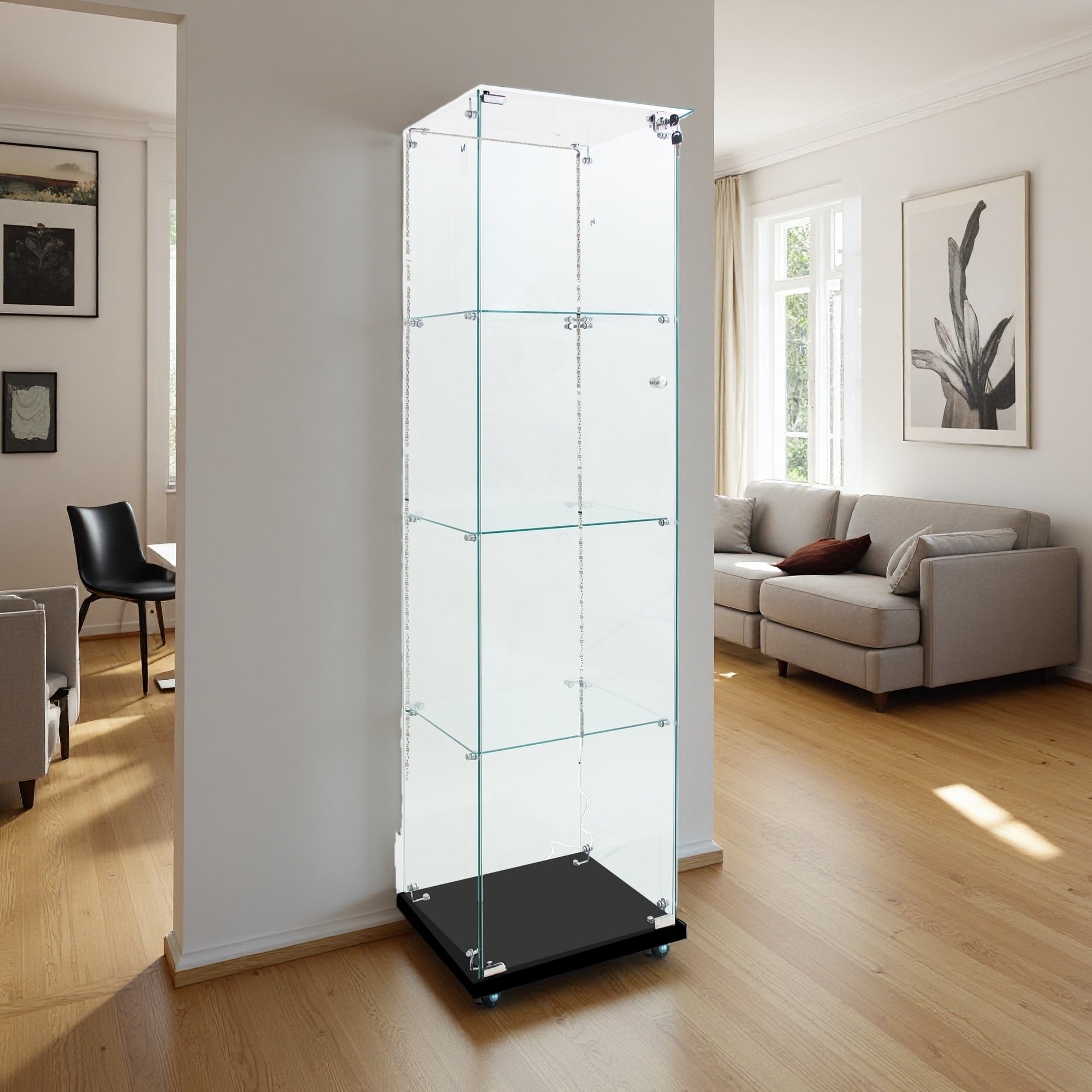 65"H Tempered Glass Display Cabinet, Wine & Storage Cabinet with Bluetooth LED Light Strip, Door Lock, Casters for Living Room