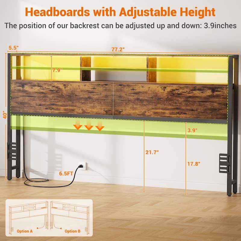 Headboard with Storage and Charge Station, Platform Bed Heaboard with LED Lights