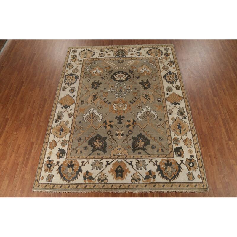 All-Over Beige & Ivory Oushak Indian Area Rug Handmade Wool Carpet - 9'1"x 11'8"