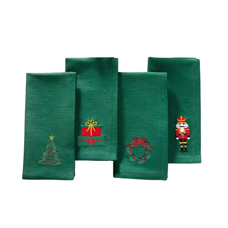Holiday Embroidered Cotton Napkins, Set of 4 - 17x17 - Green