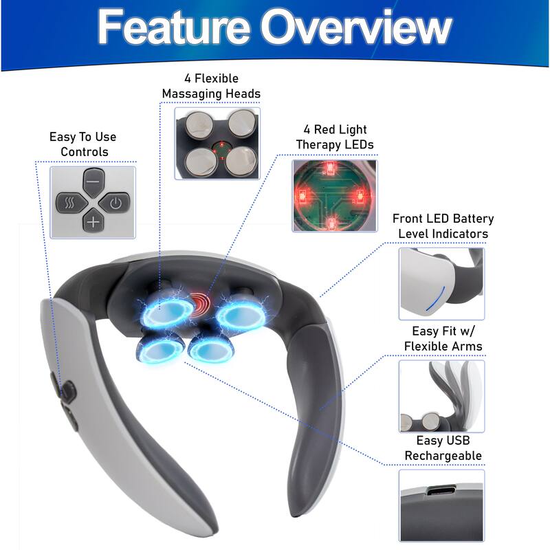 Electric Pulse Neck Massager with Heat, Red Light and Magnetic Field Therapy - 6 Modes Shiatsu to Kneading, 7 Intensities - N/A