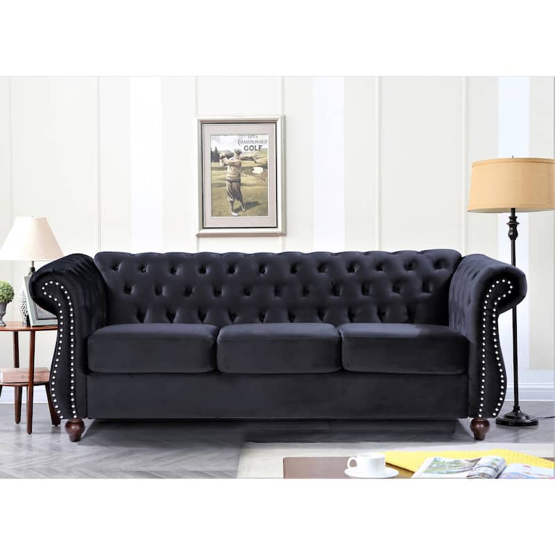 Kemos Velvet Chesterfield 2-Piece Set-Chair and Sofa - Black