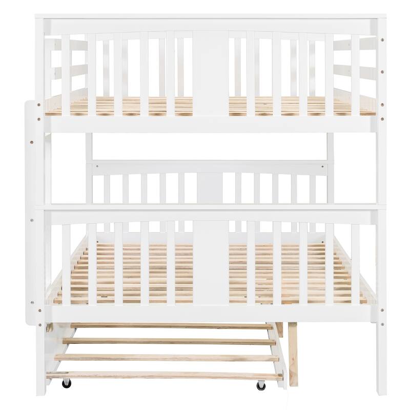 Full over Full Bunk Bed with Twin Trundle and Ladder, White Finish, Space-Saving Design