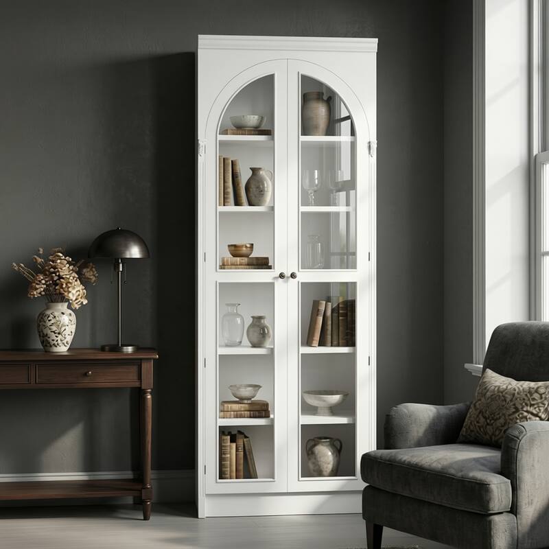 Modular White Bookcase with LED Lights & Glass Doors, 86.6" Tall Arched Display Cabinet Solid WoodStorage Cabinet