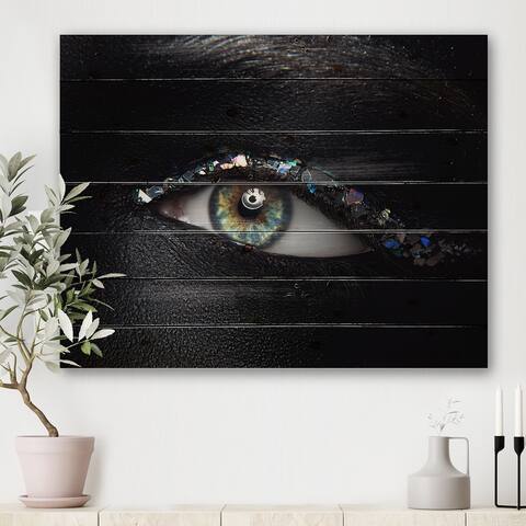 Designart 'Woman Eyes With Multi-Colored Glass Sparkles' Modern Print on Natural Pine Wood