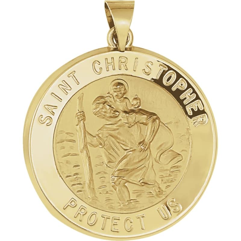 Curata 14k Yellow Gold 25mm Polished Round St. Christopher Medal Pendant Necklace, 16"