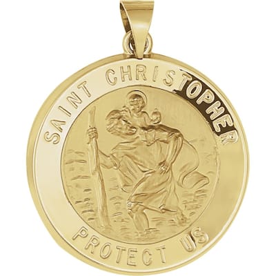 Curata 14k Yellow Gold 25mm Polished Round St. Christopher Medal Pendant Necklace, 16"