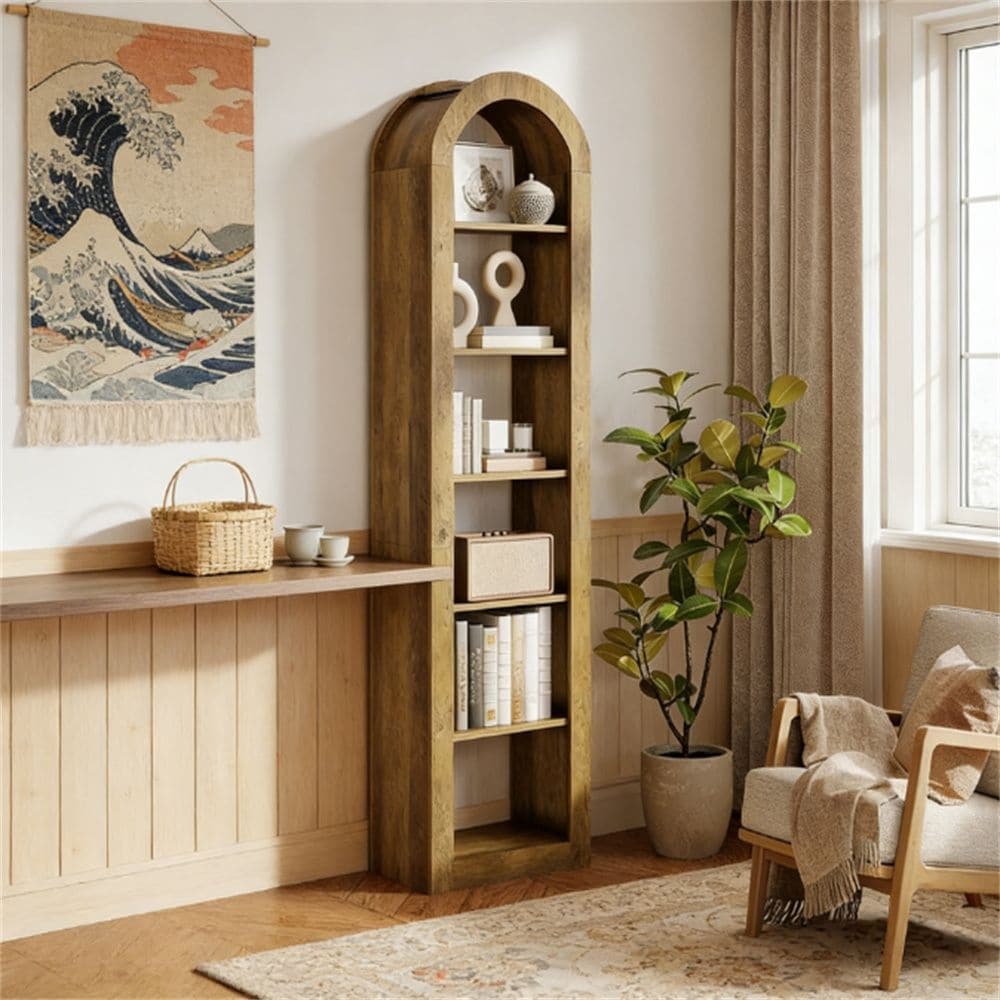 5-Tier Arched bookshelf, open bookshelf, display rack, sturdy and natural,suitable for living rooms, storage cabinets