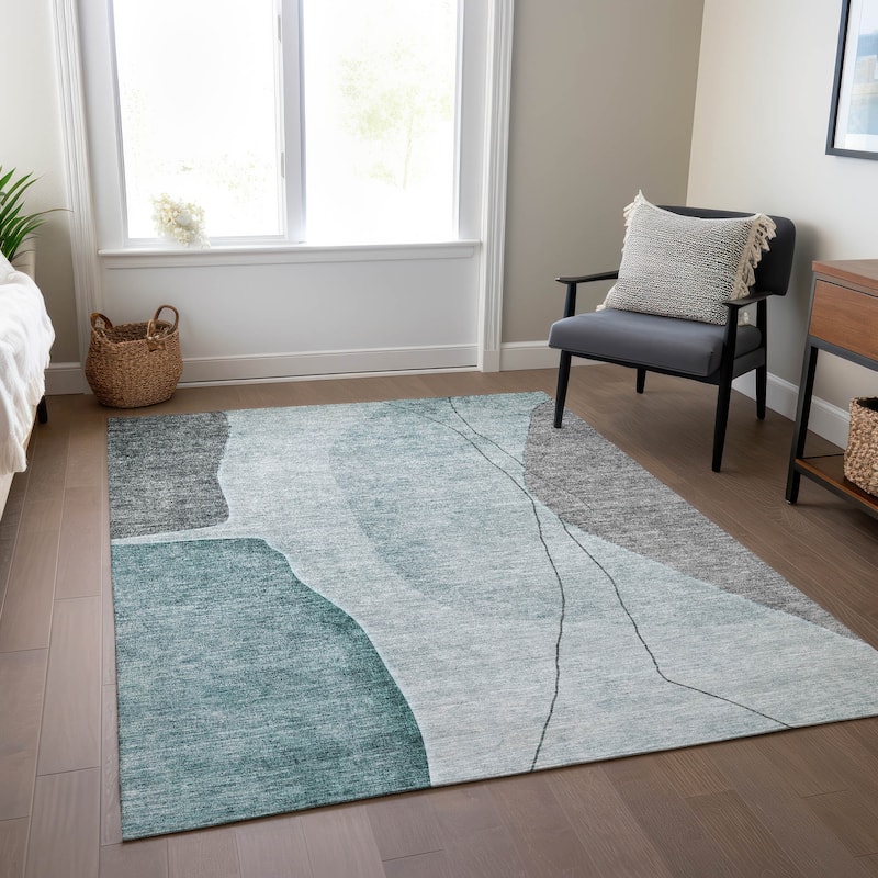 Machine Washable Indoor/ Outdoor Chantille Modern Abstract Rug - Teal - 9' x 12'