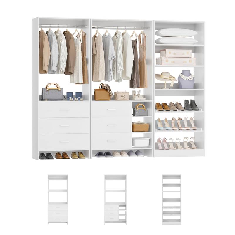 Set of 3 Closet System with Drawers and Shoe Rack, Freestanding Closet Organizer with Hanging Rods and Tower Shelves