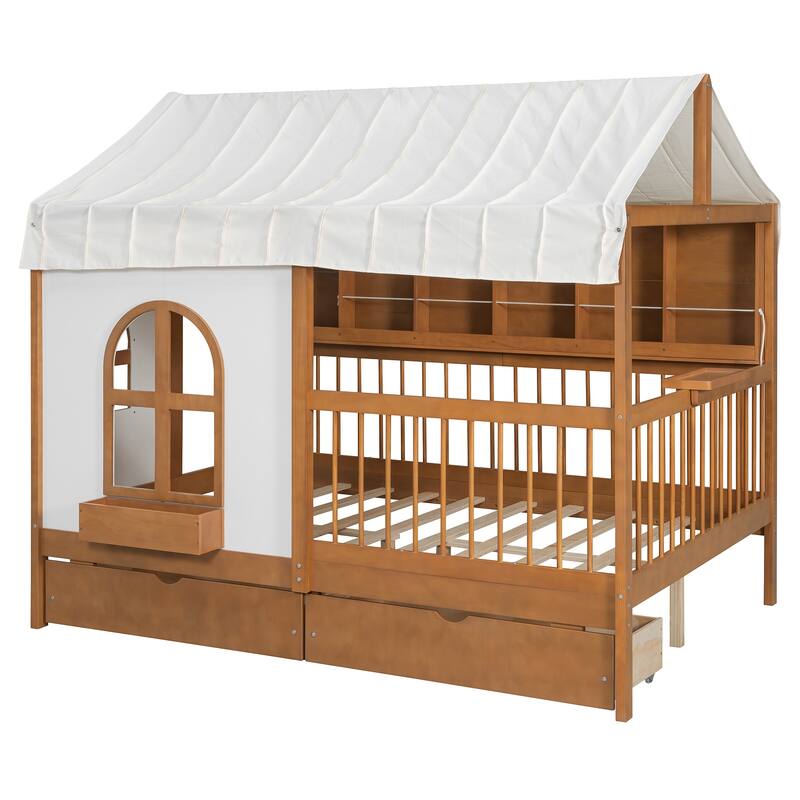 Full Size House Bed with 2 Large Drawers, Side Bookshelf with LED Strip