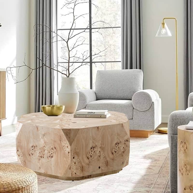 Cid Hy 45 Inch Coffee Table, Irregular Burl Wood Veneer Drum, Natural Brown