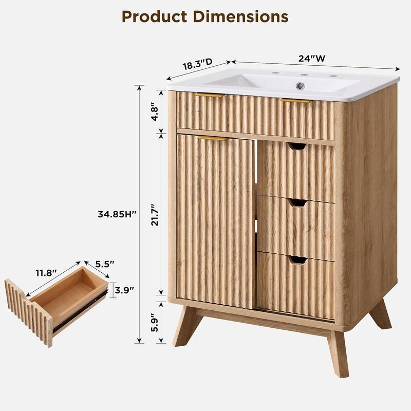 24" Fluted Bathroom Vanity with Ceramic Sink, Modern Bathroom Cabinet