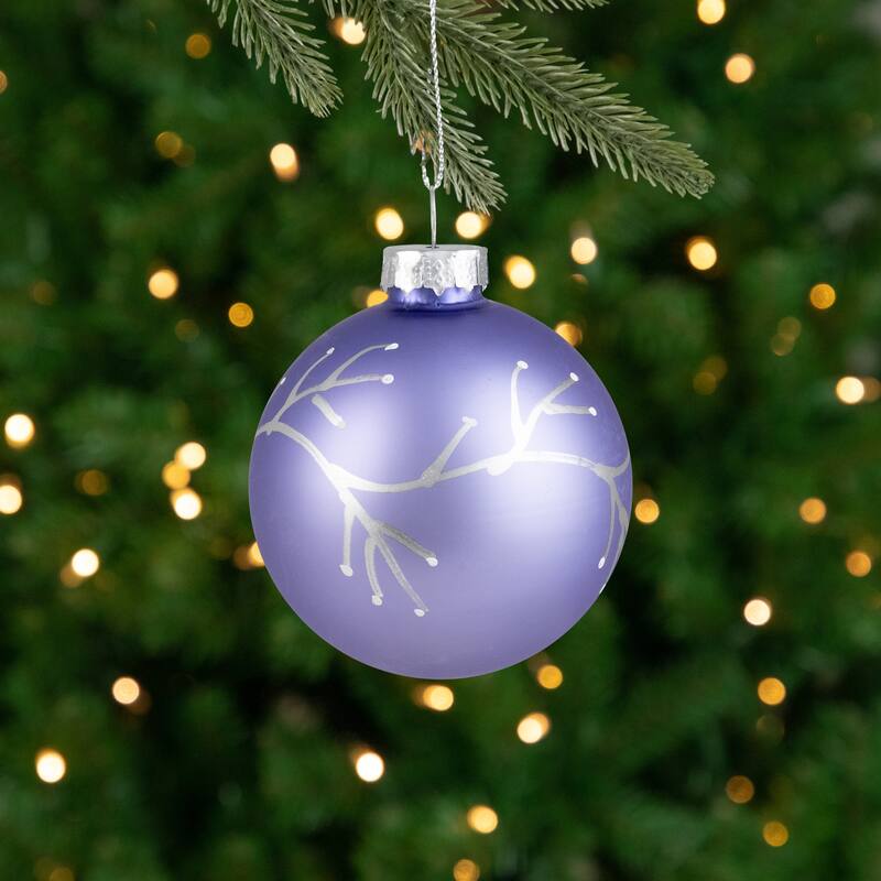 4Ct Matte Purple Glass Ball Christmas Ornaments Branch Design 2.5"