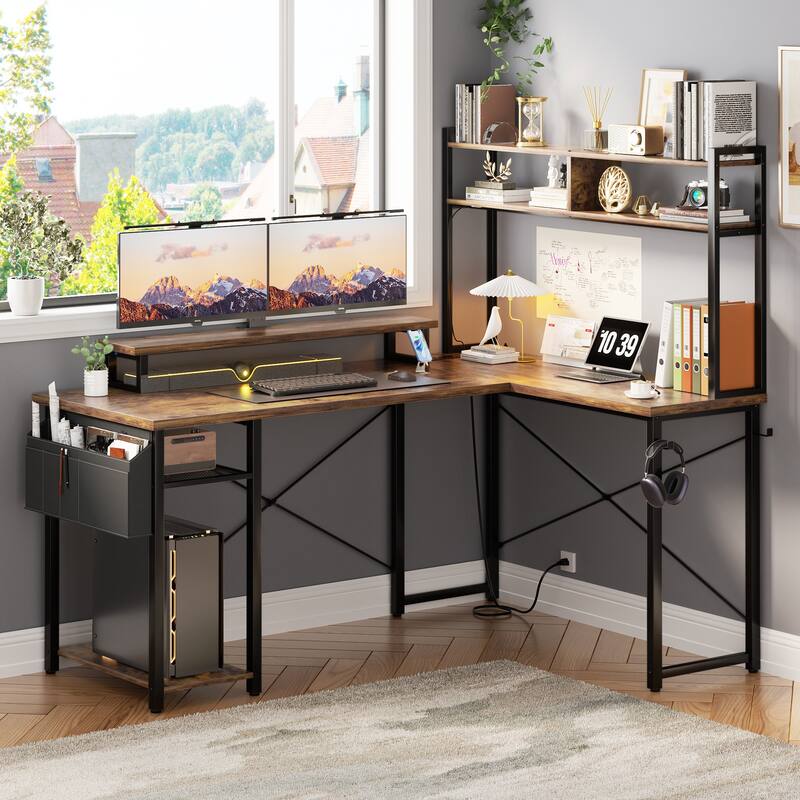 Farmhouse L-shaped Desk with Power Outlet, Gaming Table with Hutch and LED Light - Rustic Brown