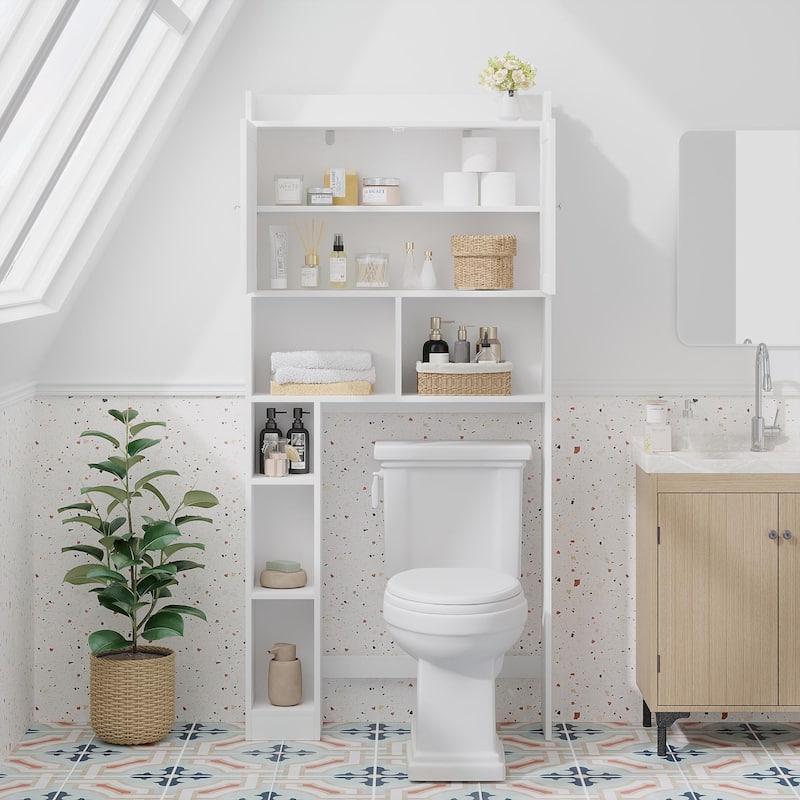 Over-The-Toilet Storage Cabinet with Adjustable Shelf, Bathroom Space Saver with Double Doors and Open Shelves