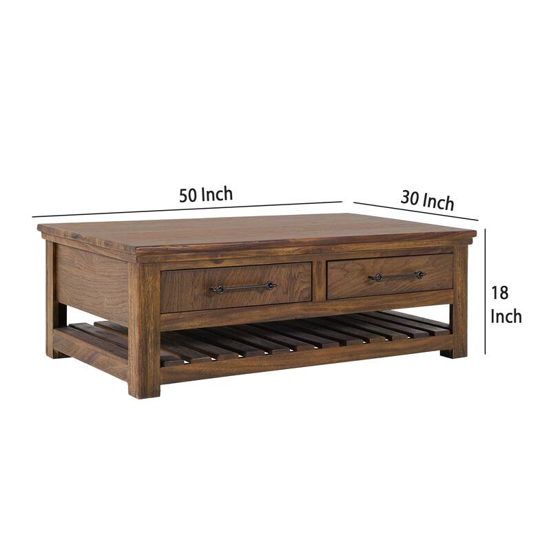 Ally Cocktail Coffee Table, 4 Drawers Shelf, Brown Parota Wood 50 Inch